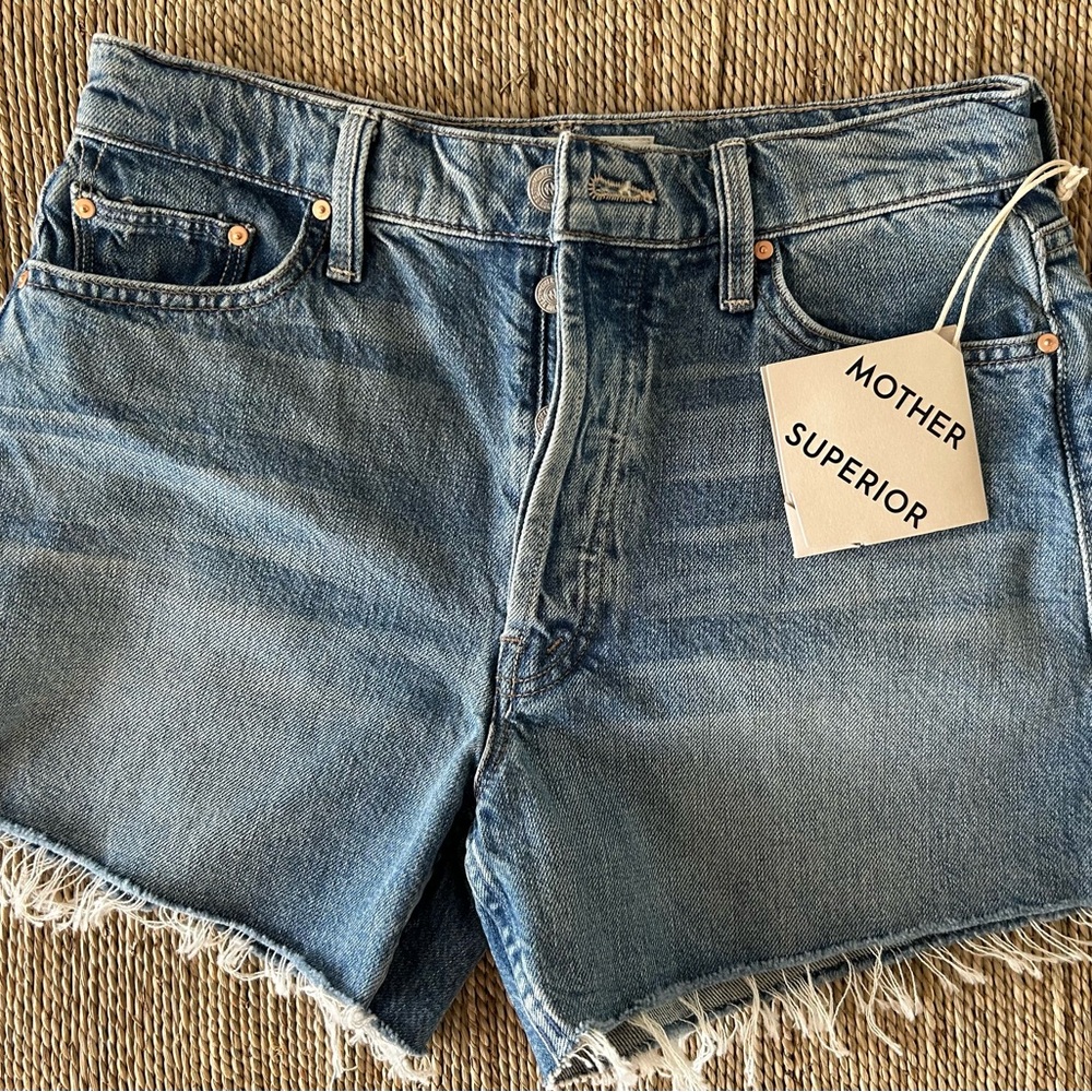 MOTHER SUPERIOR The Skipper High Rise Blue Jean Shorts Frayed Hem